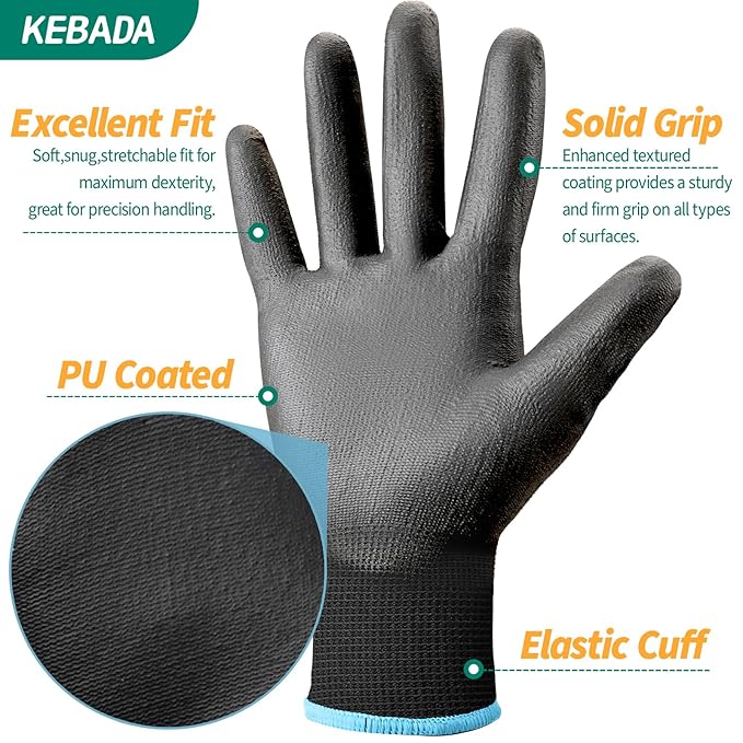 Kebada 60 Pairs Work Gloves Bulk Pack, Mens Work Gloves with Grip, PU Dipped Gloves for Warehouse, Construction, Gardening and Mechanics, Black, Small