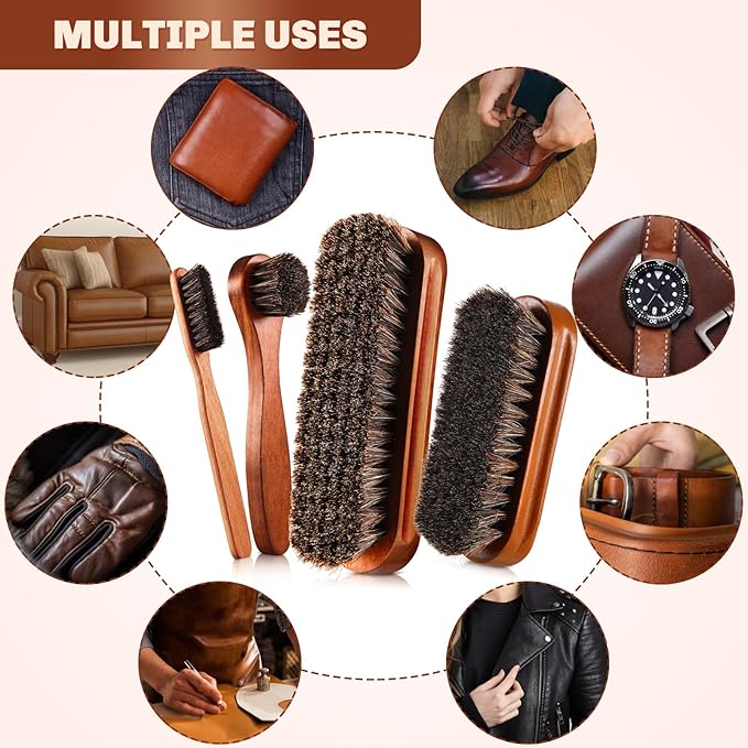 4 Pcs Horsehair Shine Shoes Brush Kit Polish Dauber Applicators Cleaning Leather Shoes Boots Care Brushes Suede Cleaner Brush with Microfiber Shoe Cloth(Brown Style A)