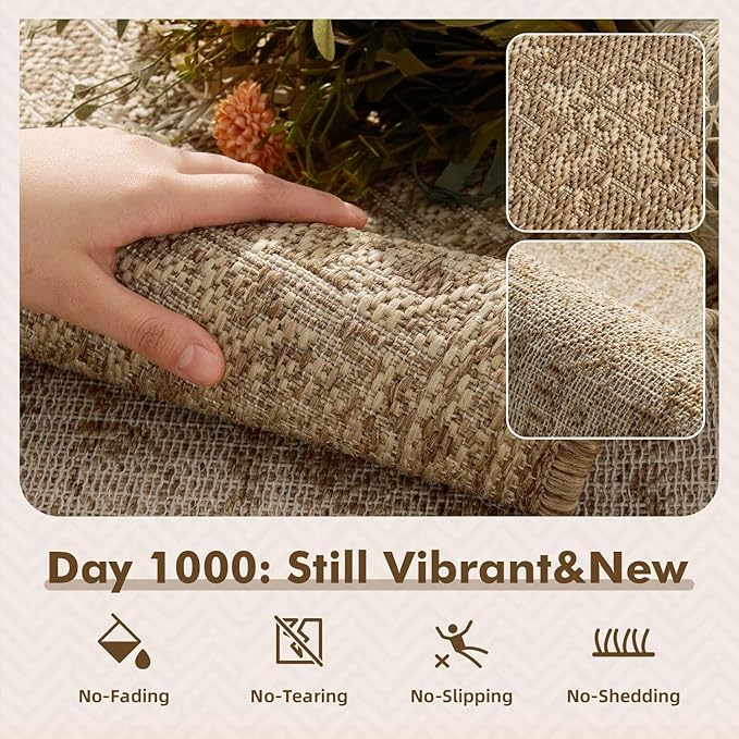 MontVoo-Outdoor Rug-Patio Rug 8x10 Polypropylene Indoor Outdoor Rugs Carpet for Patio Deck Balcony Porch, Textured Weave, Durable for High Traffic, Fade-Resistant, Vintage Medallion Neutral Brown