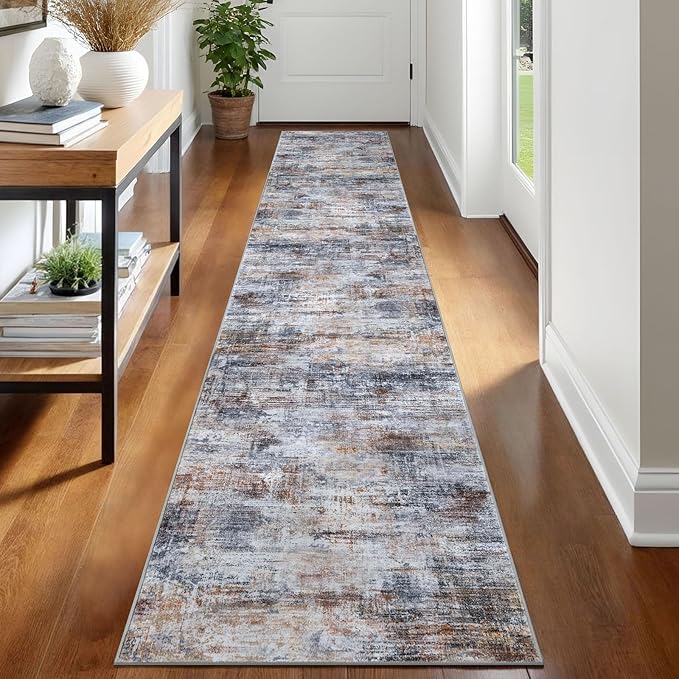 IOHOUZE Abstract Runner Rug 2x12 Ft Washable Runners for Hallways, Non Slip Kitchen Runner Printed Faux Wool Entryway Runner Indoor, Modern Abstract Floor Carpet for Hall Kitchen, Orange Grey