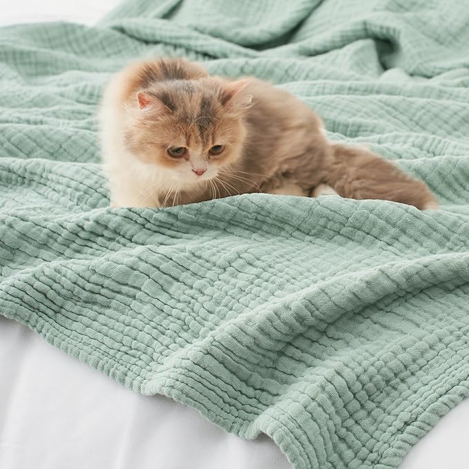 Carriediosa 100% Cotton Muslin Throw Blanket 66" X 90" Twin XL Size，4-Layers Summer Gauze Throws for Bed Couch，Soft Lightweight Breathable Linen Blankets Bedspread for Adults All Season，Sage Green