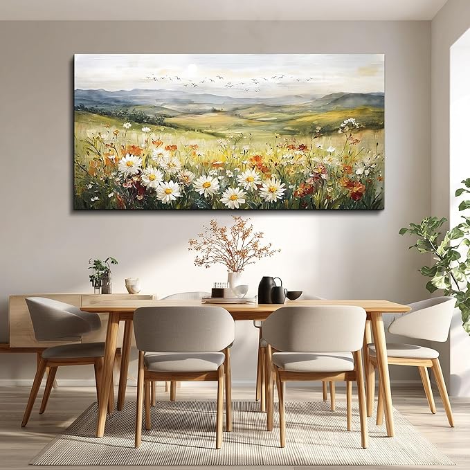 FUHAIHUA Large Framed Wall Decor For Living Room Canvas Wall Art For Office Farmhouse Wall Decorations For Bedroom Prairie Flowers Landscape Paintings Modern Pictures Artwork Home Decor 24" x 48"