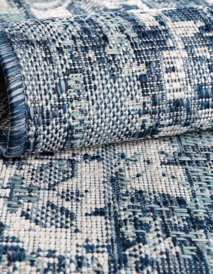 Unique Loom Outdoor Traditional Collection Area Rug - Valeria (3' 3" Round, Blue/ Ivory)