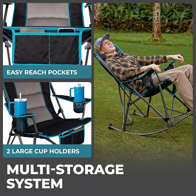 FUNDANGO Oversized Rocking Camping Chair for Adults, High Back Padded Folding Lawn Chairs with Pillows, Wide Armrest, 2 Cup Holders, Carry Bag for Patio Garden Outdoor Supports 440Lbs (Black)