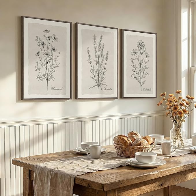 Framed Farmhouse Botanical Canvas Wall Art Set of 3, Large Vintage Neutral