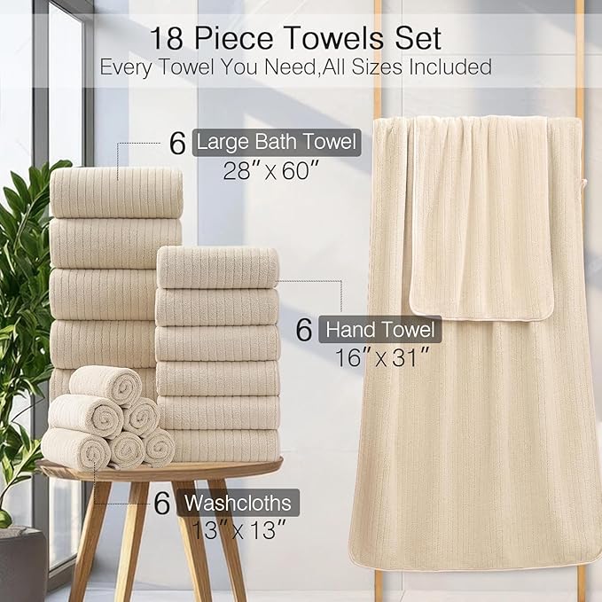 18 Piece Family Bath Towel Set Include 6 Bath Towels,6 Hand Towels and 6 Washcloths Soft Bathroom Towel with Hanging Loops,Highly Absorbent Quick Dry Towels Set for Bathroom,Hotel and Spa-Beige