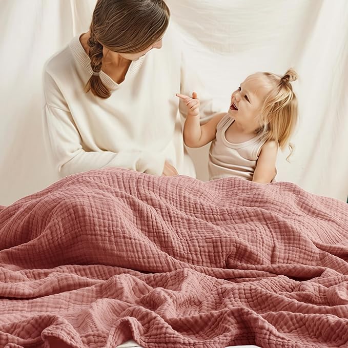 Carriediosa 100% Cotton Muslin Throw Blanket 50" X 70" Throw XL Size，4-Layers Summer Gauze Throws for Bed Couch，Soft Lightweight Breathable Linen Blankets Bedspread for Adults All Season，Mauve