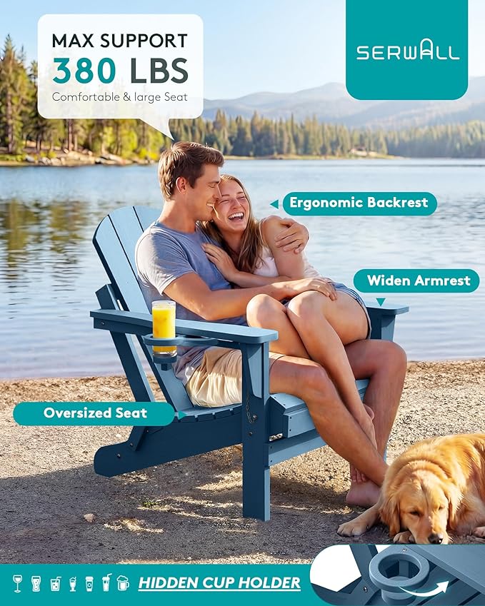 SERWALL Folding Adirondack Chair with Cup Holder Set of 4, Weather Resistant HIPS Patio Chairs, Wooden Textured, Fire Pit Chairs for Garden Outdoors Fire Pit - Blue