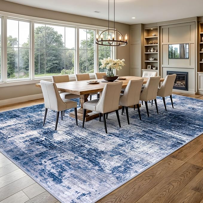 IOHOUZE Abstract Area Rugs 9x12 Ft Washable Large Rugs for Living Room, Non Slip Dining Room Rug, Printed Faux Wool Rugs for Bedroom, Floor Carpet for Office Nursery Playroom, Navy/Grey
