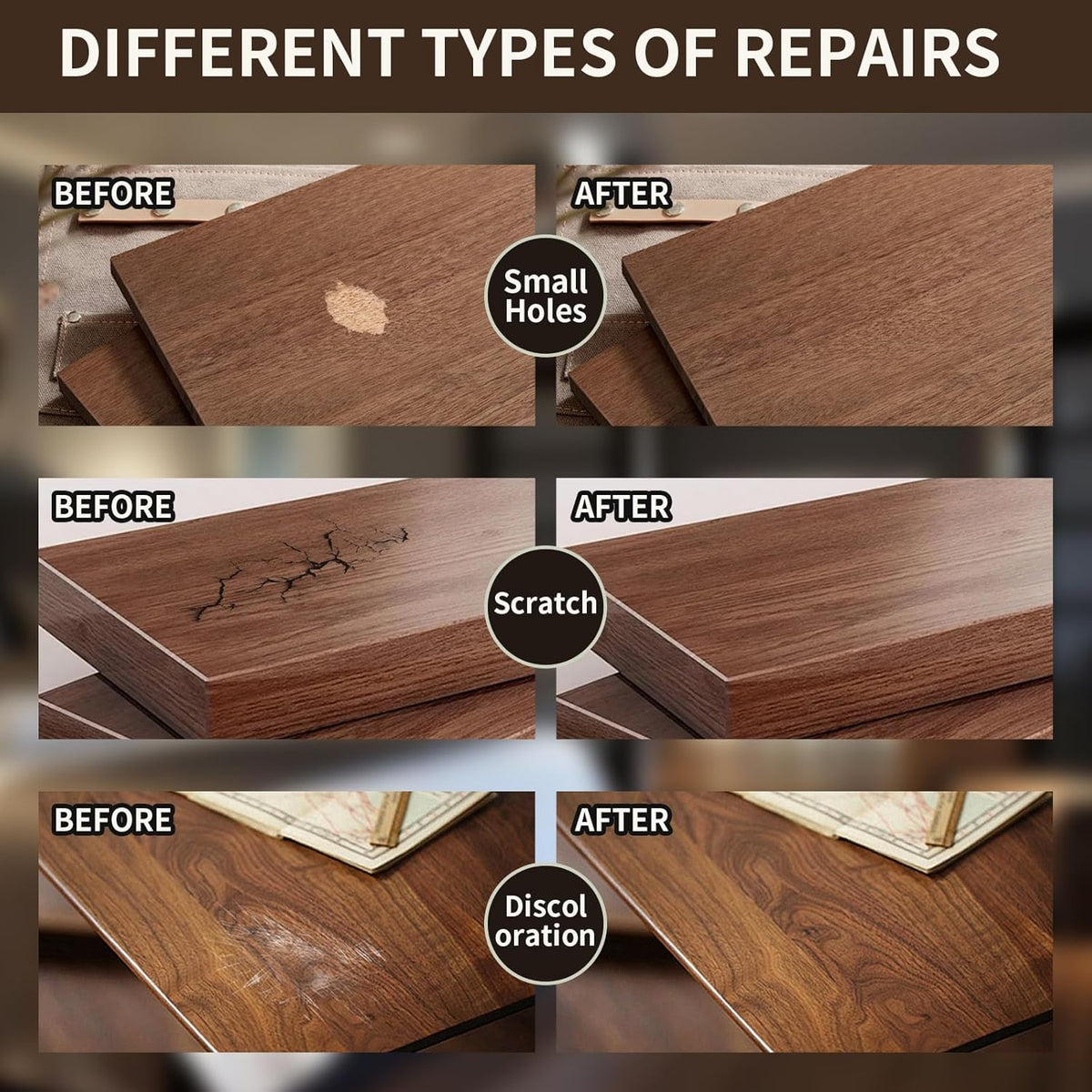 Wood Repair Kit, 13Pcs Wood Fillers, Furniture Repair Kit Scratch Cover for Wood Cracks, Stains, Discoloration for Furniture, Table, Door, Cabinet, Floor Wood Touch Up Wood Stain Paint, Dark Walnut