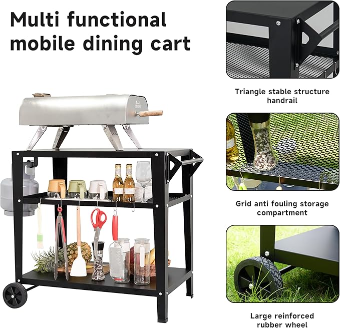 Black Outdoor Grill Cart with Wheels, Heavy-Duty 3-Tier BBQ Prep Table for Pizza Oven, Griddle, Patio – Rustproof Commercial Kitchen Cart with Tool Hooks