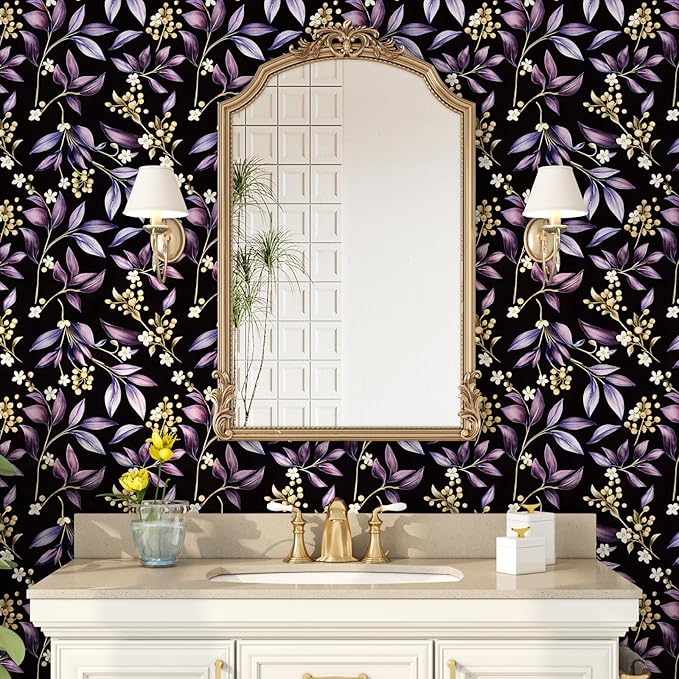 Extra Long Vintage Purple Leaves Wallpaper, 17.5In x 393In Black Botanical