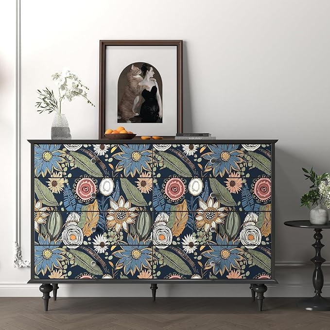 Blue Wallpaper Peel and Stick, Vintage Boho Floral Contact Paper 17.5" x 118"