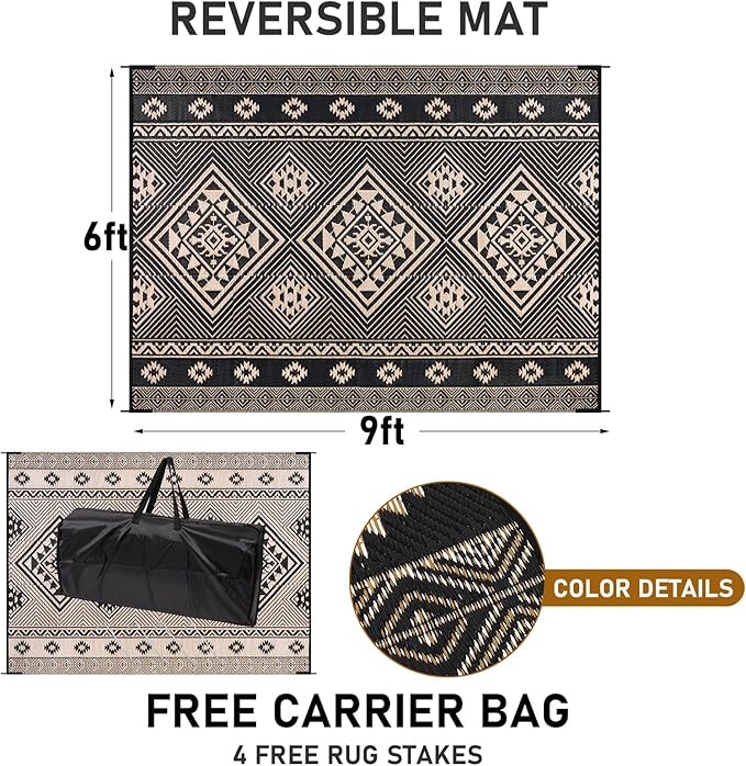 HiiARug Outdoor Rug for Patios 6'x9' Outdoor Plastic Straw Rug Waterproof Patio Porch Rug Reversible RV Mat Outdoor Area Rugs for Outdoors, RV, Patio, Backyard, Deck, Camping