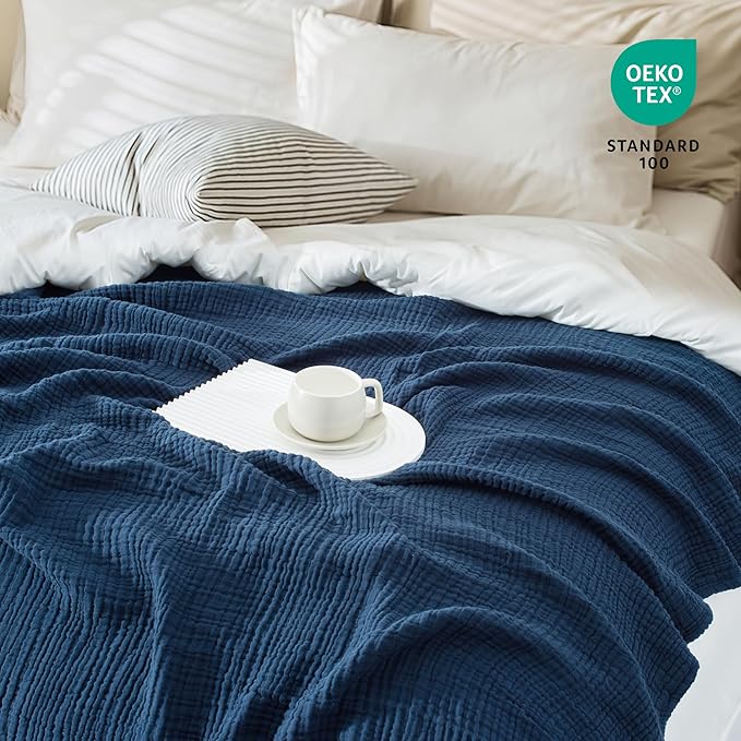 Carriediosa 100% Cotton Muslin Throw Blanket 108" X 90" King Size，4-Layers Summer Gauze Throws for Bed Couch，Soft Lightweight Breathable Linen Blankets Bedspread for Adults All Season，Navy Blue