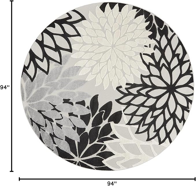 Nourison Aloha Indoor/Outdoor Black White 7'10" x Round Area Rug, Tropical, Botanical, Easy Cleaning, Non Shedding, Bed Room, Living Room, Dining Room, Deck, Backyard, Patio (8 Round)
