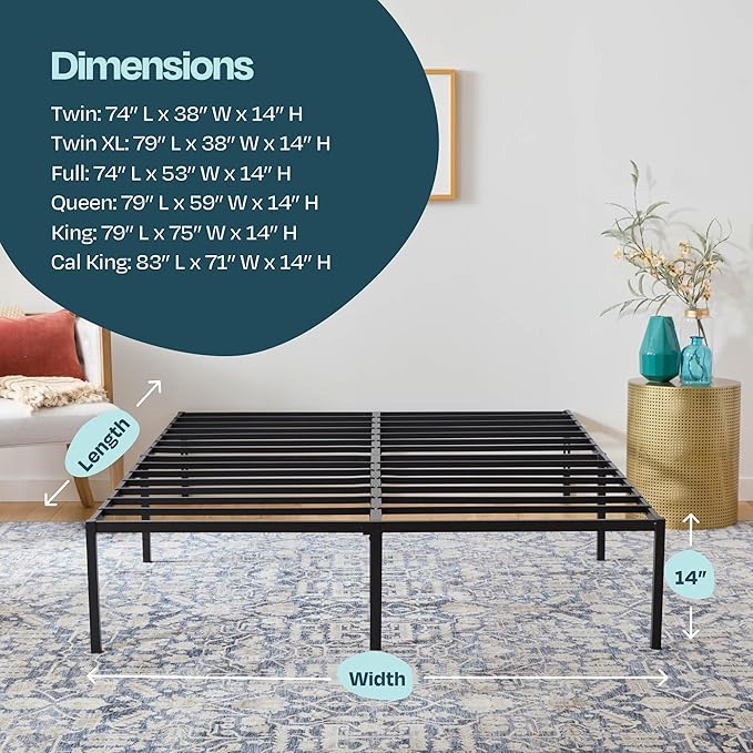 Linenspa Heavy Duty Metal Platform Bed Frame - No Box Spring Needed - Underbed Storage - Simple Toolless Assembly - 14” High - Sturdy - Steel Slats - Sleek Modern Design - Queen Size