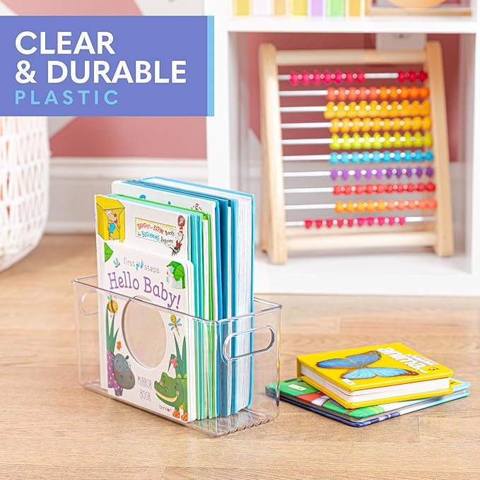 Plastic Food Storage 4 Pack Clear Container Bin with Handles for Organizing Kitchen, Pantry, Refrigerator, Freezer, Pantry, Cabinet, Closet, Bathroom. 10”x4”x5”
