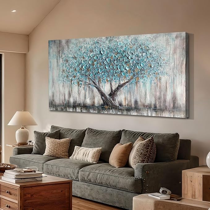 Arjun Tree Wall Art Canvas for Living Room Blue Tree of Life Nature Teal Abstract Textured Painting Picture Modern Panoramic Landscape Artwork Framed Bedroom Home Office Decor, Extra Large 58"x29"