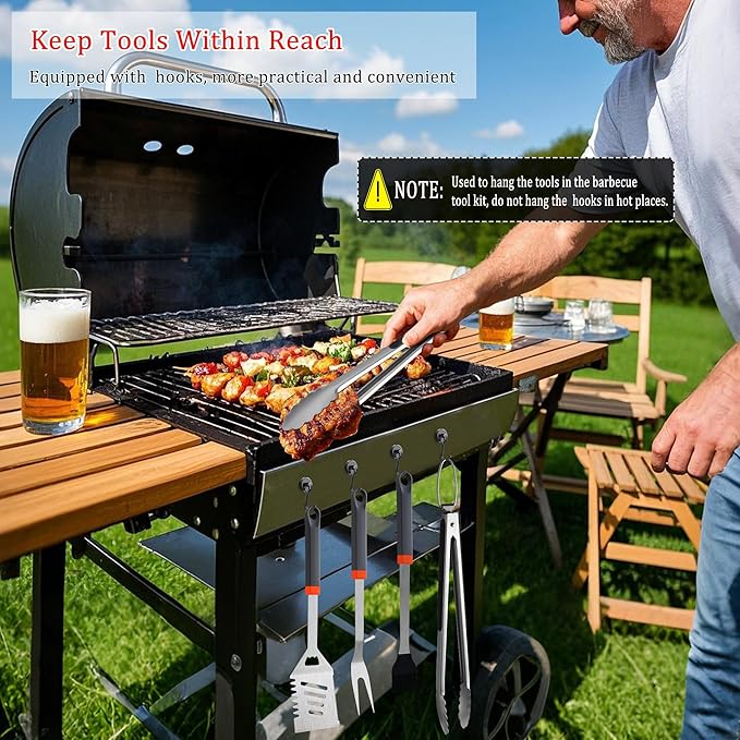15-Piece Grill Set, BBQ Grilling Accessories with Tongs & Spatula, Stainless Steel Grill Utensils Set with Hooks & Storage Apron for Outdoor Cooking, Camping, Practical Gifts for Men Dad