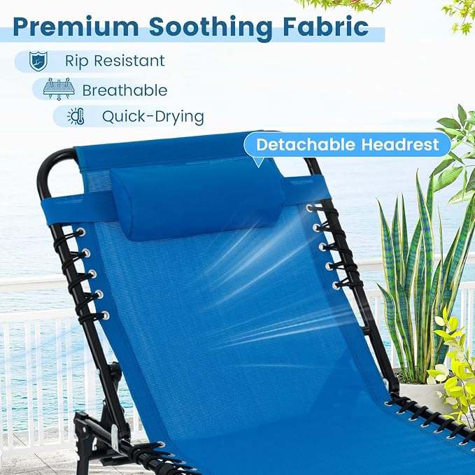 COSTWAY Folding Chaise Lounge Chair, Foldable Pool Lounger with 4-Position Adjustable Backrest, 2-Position Footrest & Soft Pillow, Patio Tanning Chair for Beach, Poolside (1, Navy)