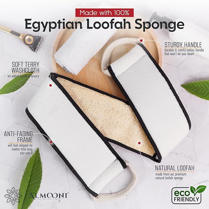 Sturdy Natural Loofah Back Scrubber for Shower for Men, Egyptian Loofah Body Scrubber Exfoliator and Washer for Men to Clean Your Back Deeply Like an Exfoliating Washcloth- 1 Count (1 Pack) - Black