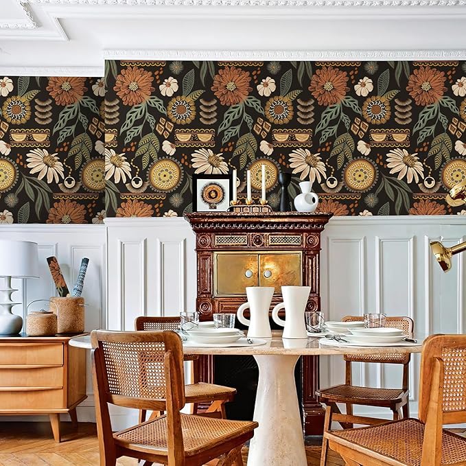 JiffDiff Boho Peel and Stick Wallpaper 17.3" x 120" Vintage Sun Floral Retro