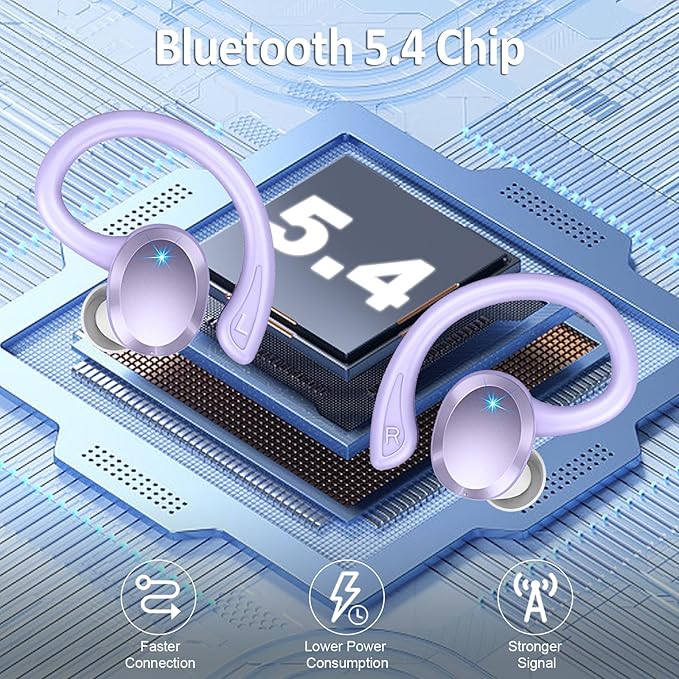 Wireless Earbud, Bluetooth 5.4 Headphones IP7 Waterproof for Sport, 48H Running Wireless Earphones with ENC Noise Cancelling Mic, Deep Bass Over Ear bud with Earhooks for Android, iOS, Workout, Purple