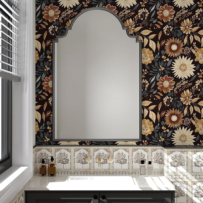 Extra Long Vintage Wallpaper Peel and Stick, 17.5" x 393" Boho Dark Floral