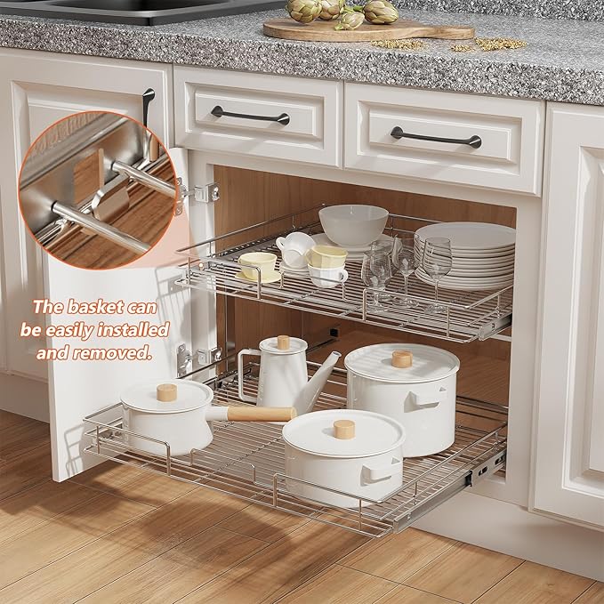 ROOMTEC Individual Pull Out Cabinet Organizer (30" W x 21½" D), 2 Tier Spice Rack Organizer for Cabinet, Slide Out Drawer Pantry Shelf Organization and Storage for Kitchen Bathroom
