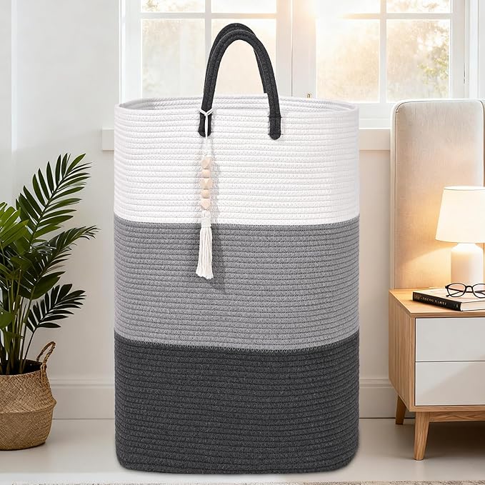 Woven Laundry Basket for Clothes,100 L Large Rectangle Laundry Hampers with Beads Tassel, Nursery Storage Basket for Toys, Tall Dirty Clothes Hamper for Bedroom Aesthetic, Laundry Room Organization