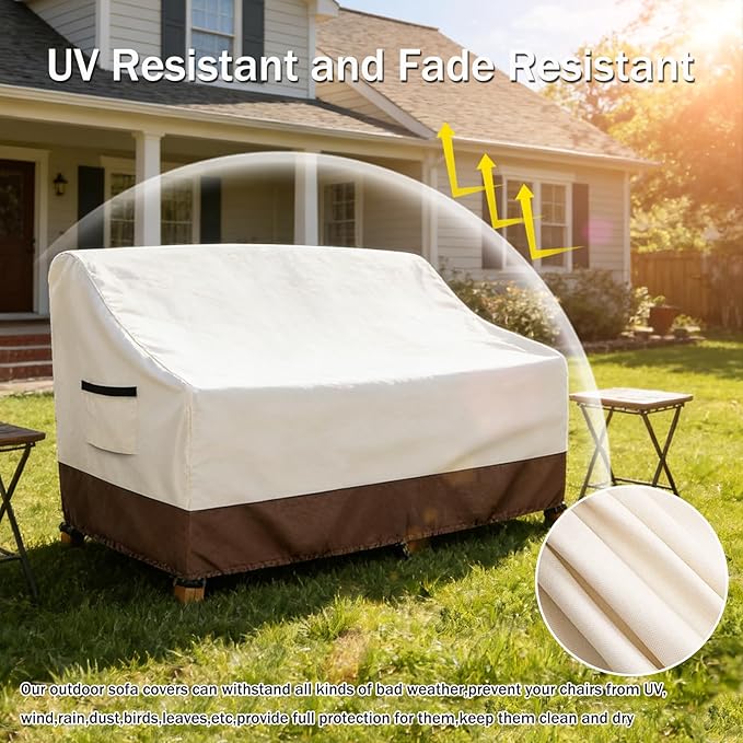Waterproof Patio Sofa Cover, Heavy Duty 3-Seater Outdoor Couch Cover Size Up to 85W x 38D x 35H Inches, Lawn Patio Furniture Covers with Air Vent (Beige)