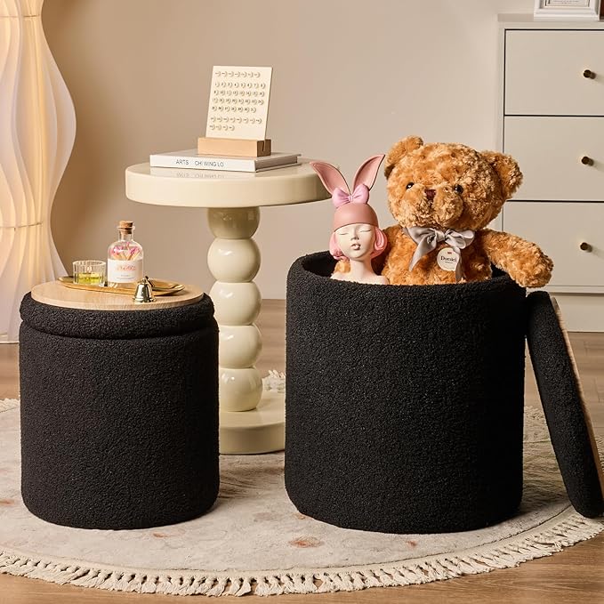 Round Ottoman with Storage Set of 2-Upholstered Sherpa Vanity Stool for Makeup Multifunctional Ottomans Coffee Table Padded Seat Foot Rest for Living Room&Bedroom(Sherpa, Black)