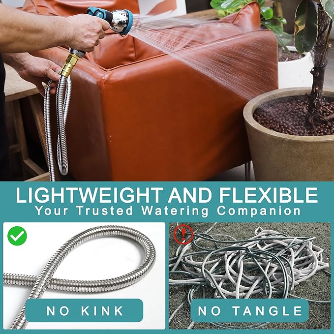 50FT Garden Hose, Stainless Steel Water Hose, Metal Hose Flexible with a 10-Mode Nozzle Sprayer, No Kink, Lightweight, Puncture Proof, Ideal for Yard, Lawn, Outdoor, 5/8'' Outside Diameter
