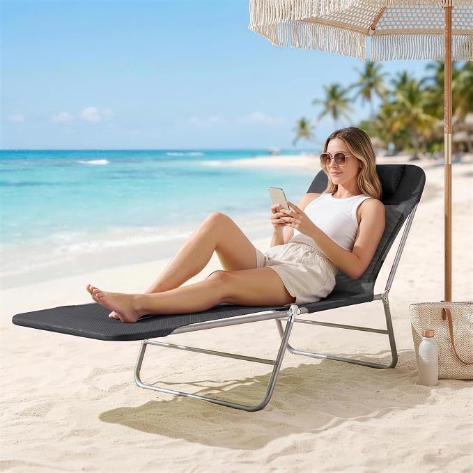 Outsunny Folding Chaise Lounge Outdoor Sun Tanning Chair w/Pillow, Black | Sun Tanning Chair for Outside, Breathable Mesh Seat, Headrest, Pool, Beach, Yard, Patio