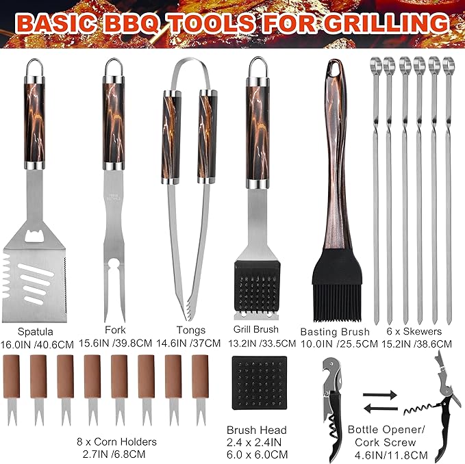 Grilljoy BBQ Accessories Grill Tools Set - 22PCS Stainless Steel Barbecue Grill Accessories for Outdoor Grill with Black Aluminum Case - Grilling Gifts for Men Dad -Grill Tools Kit