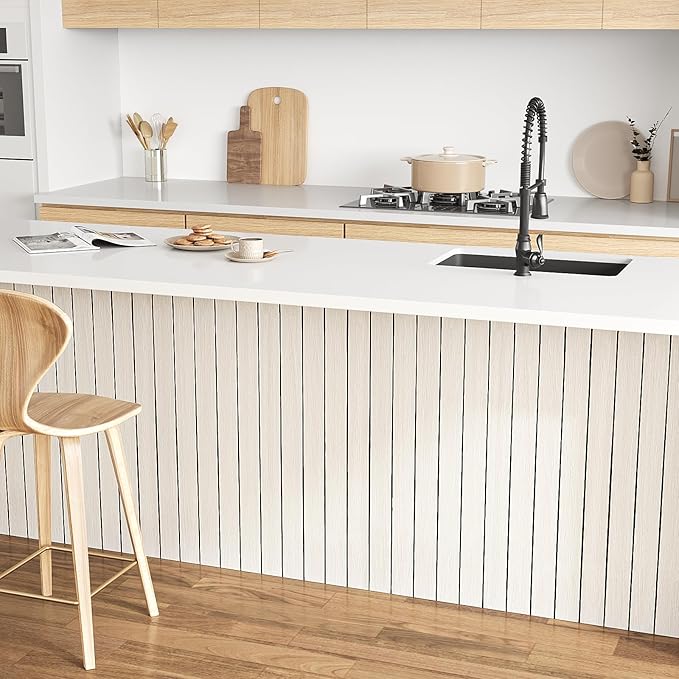 VEELIKE Cream White Oak Wood Slat Wall Panel Peel and Stick 3D Faux Wood Wall