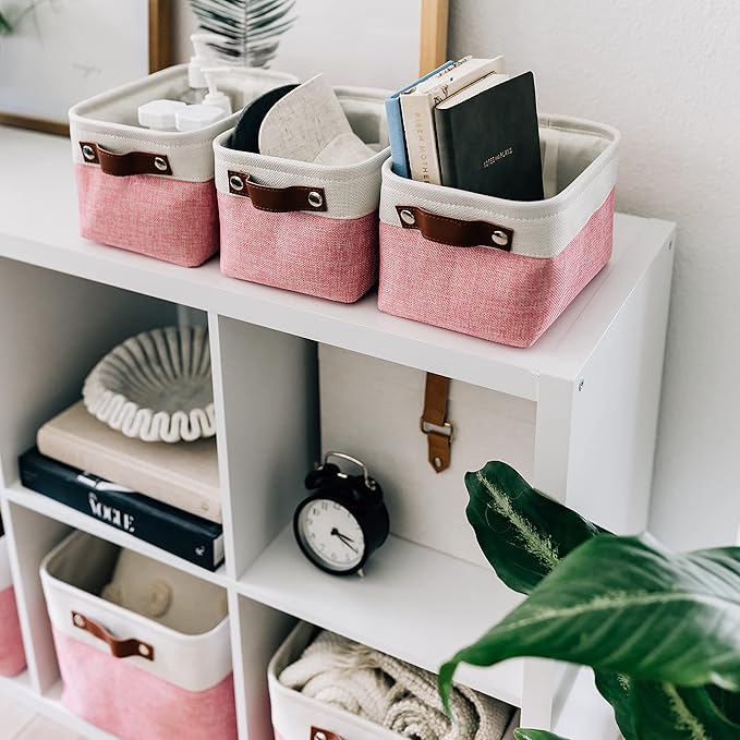 OrganiHaus Small Fabric Storage Baskets for Shelves 6 Pack, 12x8in Closet Storage Bins for Shelves, Cloth Baskets for Organizing, Linen Closet Organizers, Fabric Basket, Pink/White
