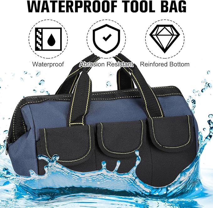 Sanwuta 3 Pack Tool Bag for Men with Waterproof Hard Bottom, Heavy Duty Tool Bag Wide Mouth Tote for Various Instrument, Electrician Carpenter Mechanic(Blue, Green, Yellow,16 Inch,Classic)