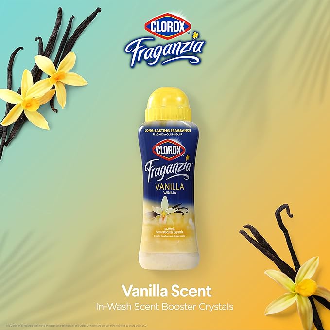 Clorox Fraganzia Laundry Scent Booster Crystals in Vanilla Scent - Scented In-Wash Freshener Beads for Fresh, Clean, Great Smelling Clothes and Linens, 18 Oz - 2 Pack