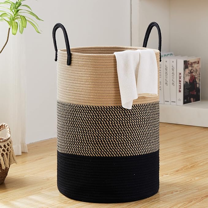 Fiona's magic 100L Extra Large Laundry Hamper Basket, 26.4Gal Tall Woven Laundry Basket Storage, Baby Nursery Hamper for Blankets, Clothes Hamper for Bedroom and Living Room Organizing, Brown & Black