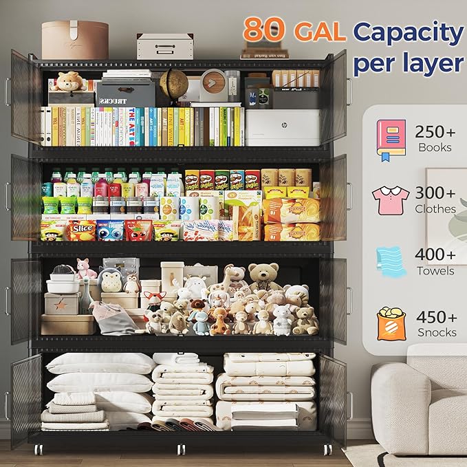 240GAL Extra Large Storage Bins with Lid, 960QT Collapsible Organizer with Wheels, Stackable Closet Cabinet with Doors, Folding Storage Containers for Home, Office, Dorm, 3Pack Black