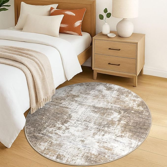 IOHOUZE Round Area Rug 5 Ft Circle Entryway Rugs Round Washable Door Mat Indoor Entrance, Non Slip Circle Front Door Rug, Printed Abstract Faux Wool Floor Carpet for Foyer Porch Sink, Beige Brown