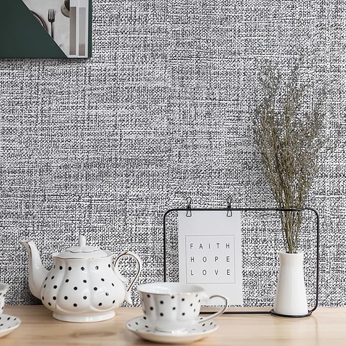 Grey Grasscloth Peel and Stick Wallpaper 17.3"x300" Faux Linen Textured Contact