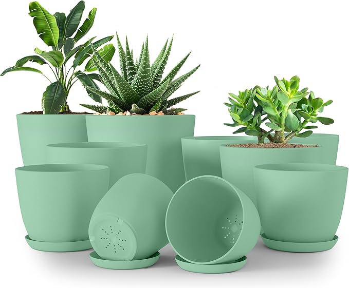 Utopia Home - Plant Pots Indoor with Drainage - 7/6.6/6/5.3/4.8 Inches Home Decor Flower Pots - Plastic Planters for Indoor Plants, Cactus, Succulents Pot (Mint, Pack of 10)