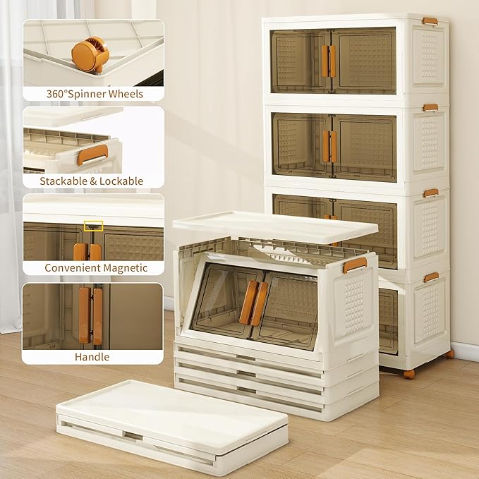 Plastic Stackable Storage Bins with Lids and Wheels, Foldable Closet Organizers and Storage Containers for Bathroom, Collapsible Clear Drawer Storage Cabinet with Doors White 45Gal 4Tiers