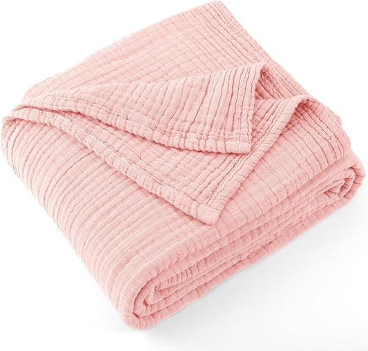 Carriediosa 100% Cotton Muslin Throw Blanket 70" X 80" Twin Size，4-Layers Summer Gauze Throws for Bed Couch，Soft Lightweight Breathable Linen Blankets Bedspread for Adults All Season，Dusty Pink