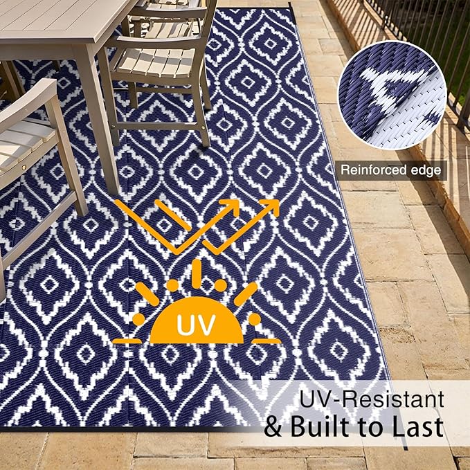 OLANLY Outdoor Rug 6x9 ft Waterproof, Outdoor Plastic Straw Rug with Geometric Pattern Clearance, Reversible RV Mat for Patio, Camping, Balcony, Deck, Backyard, Navy & White