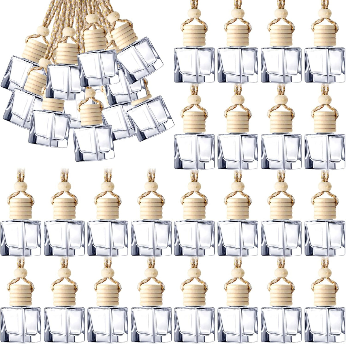 BBTO 50 Pcs Hanging Car Air Freshener Car Diffuser Bottles Empty Glass Perfume Bottle Freshener Diffuser Bottle Pendant for Essential Oil Fragrance Aromatherapy Bottle Ornament(Cube)