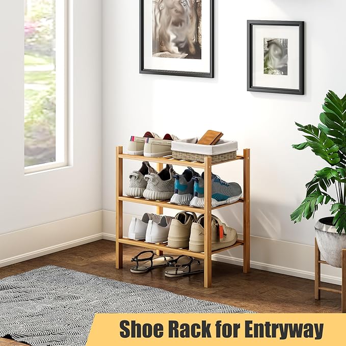 3-Tier Small Shoe Rack for Entryway, Stackable | Heavy Duty | Multi-Function, Bamboo Free Standing Shoe Racks for Bedroom Hallway Closet